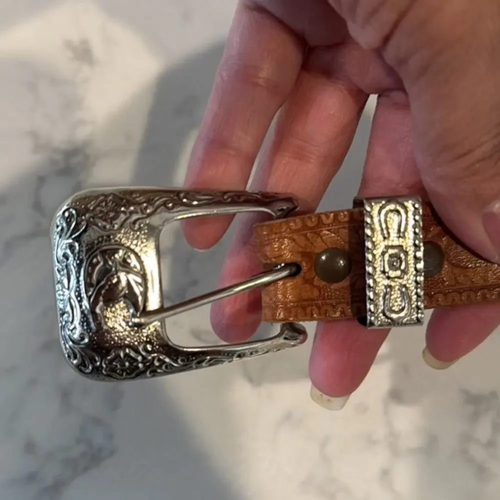 Vintage tooled leather bohemian western silver buckle and accents belt size 28